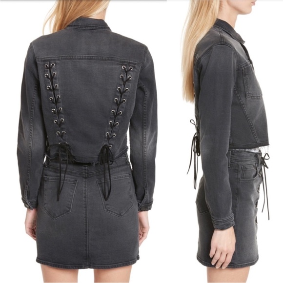 L'Agence XS Grey Jean Jacket Lace Up Crop Denim Blazer Distressed Black Wash - Picture 16 of 16